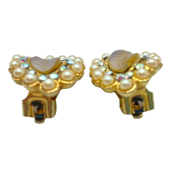 Vintage Leaf Earrings Faux Pearls & Gold Glass Opalescent Rhinestone 50's Clip - Picture 2 of 7